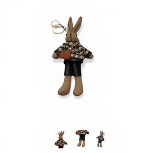 Knitted Bunny Keychain with Houndstooth Sweater and Faux Leather Bag